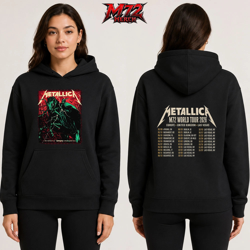 Metallica World Tour M72 June 11 & 13 2026 Budapest Hungary Puskás Aréna Horseman Lightning Two Sided Hoodie